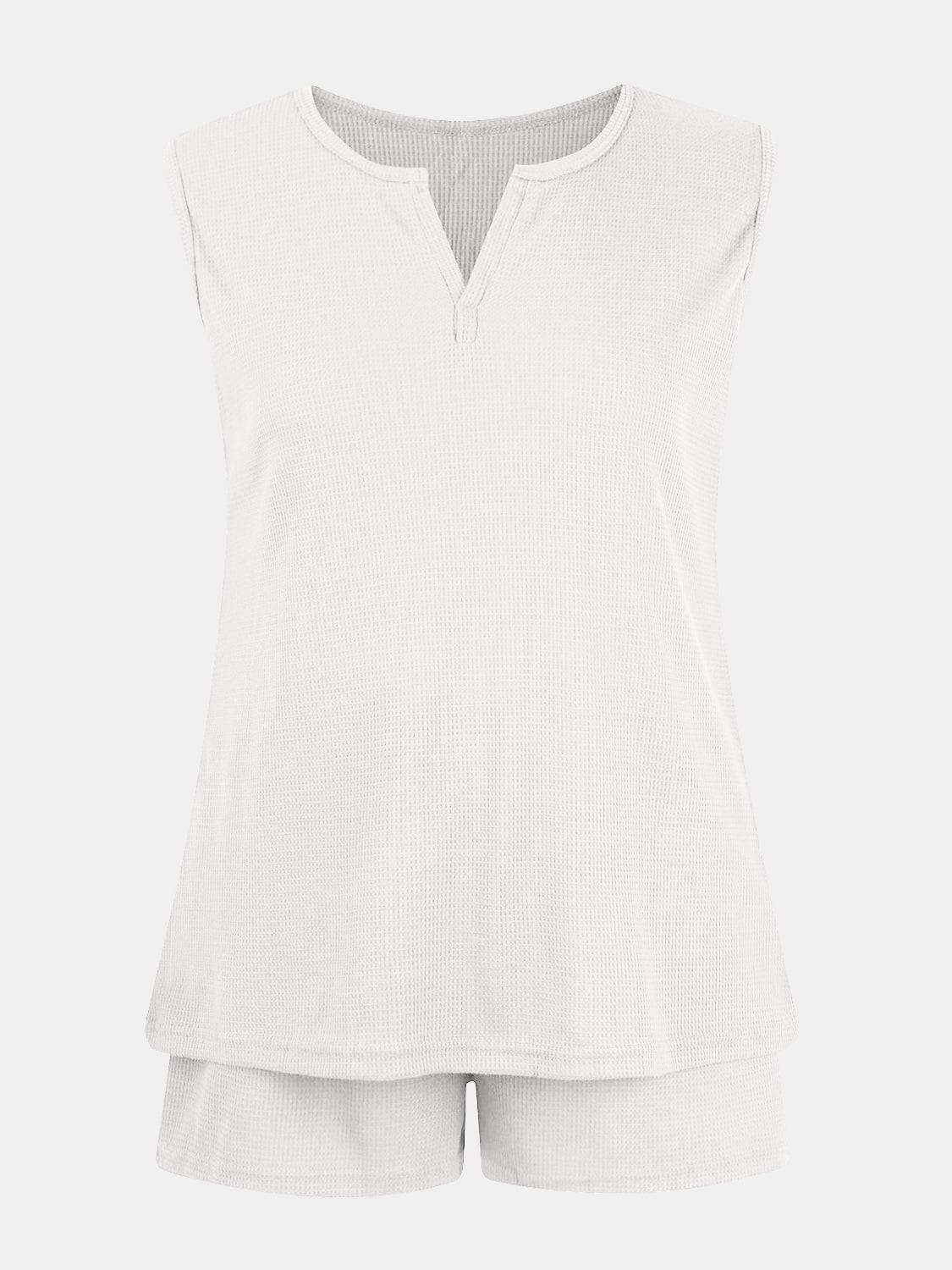 Full Size Waffle-Knit Notched Top and Shorts Set