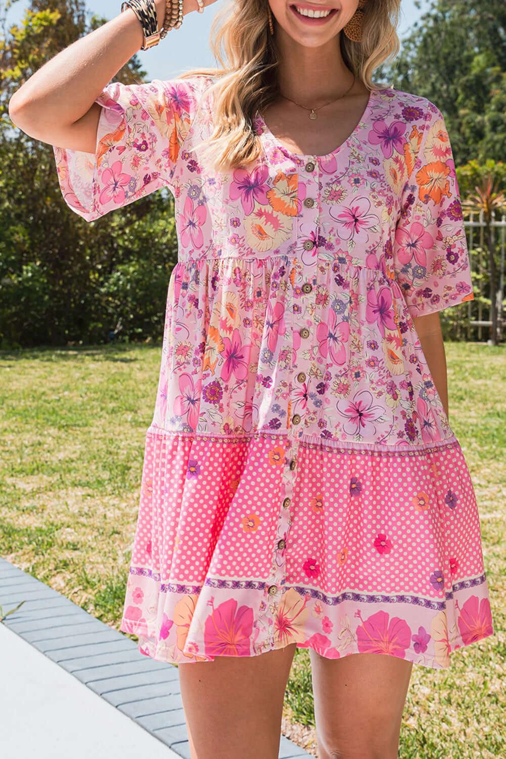 Floral Polka Dot Buttoned Mini Dress - Clothes For Her Online Store