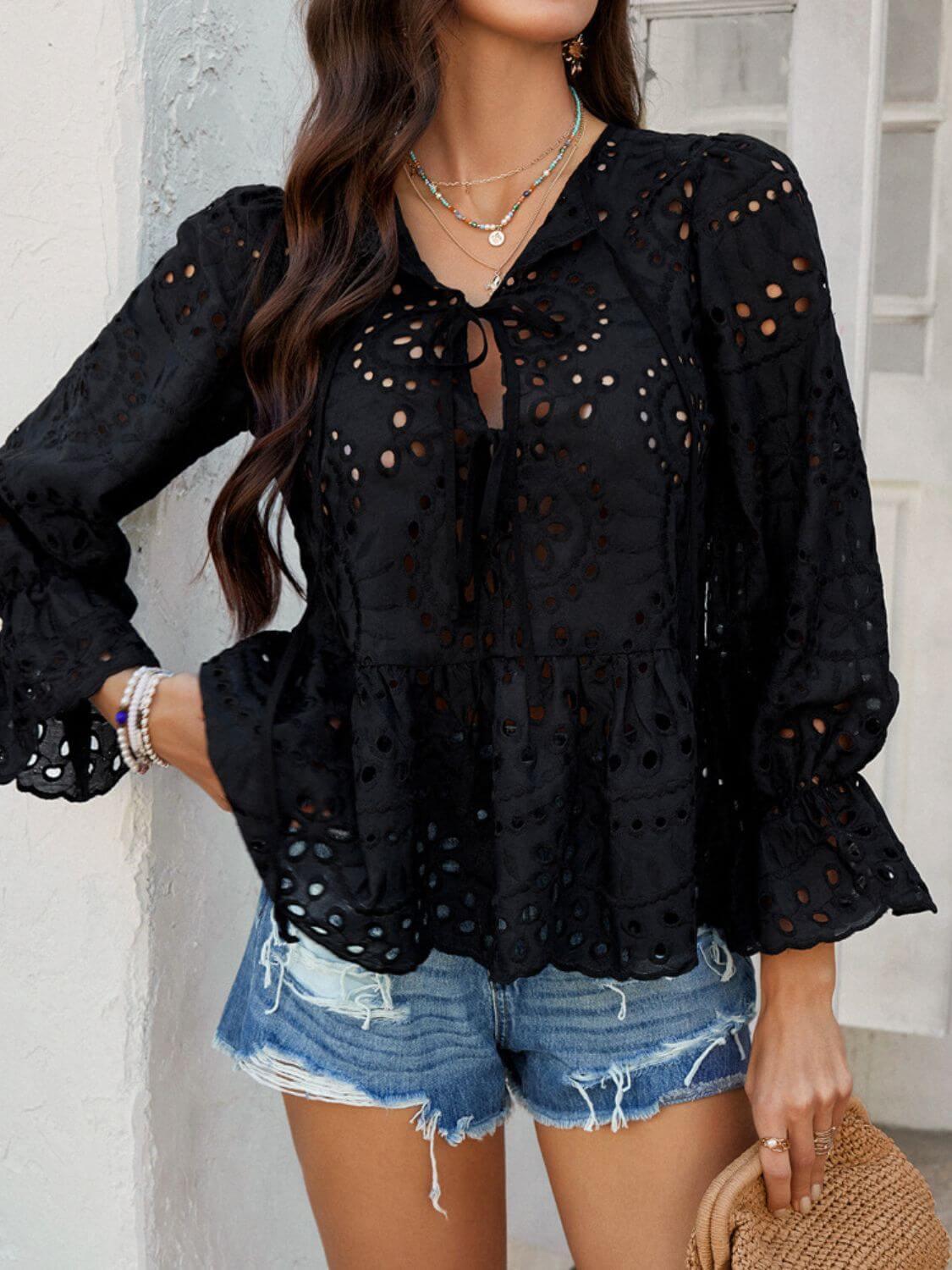 Devine Tie Front Flounce Sleeve Peplum Blouse - Clothes For Her Online Store