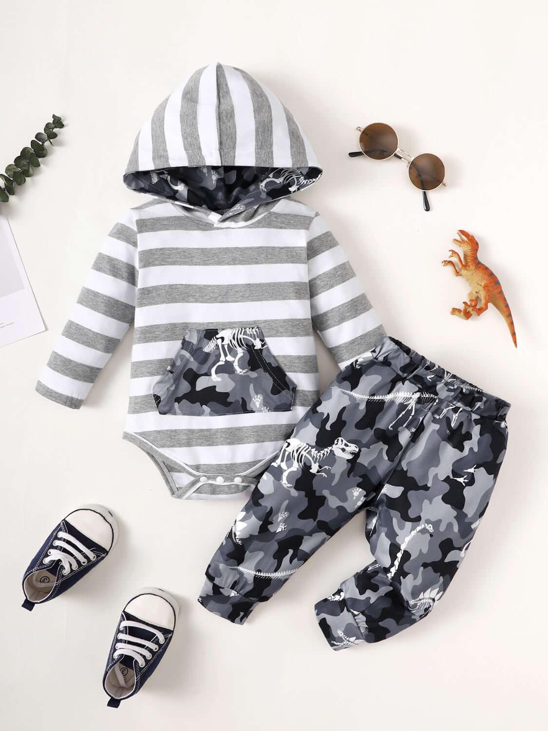 Children's Striped Hooded Bodysuit and Camouflage Pants Set - Clothes For Her Online Store