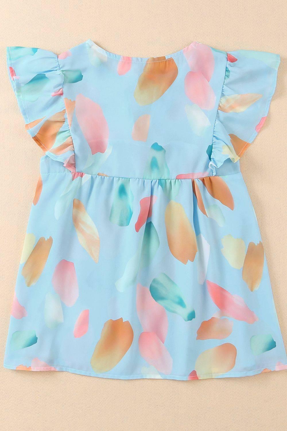 Splotches Pattern Ruffled Cap Sleeve Blouse - Clothes For Her Online Store