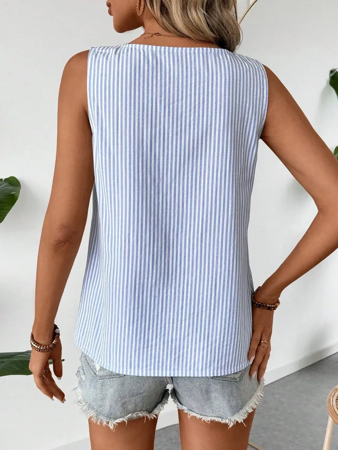 Decorative Button Asymmetrical Striped Tank
