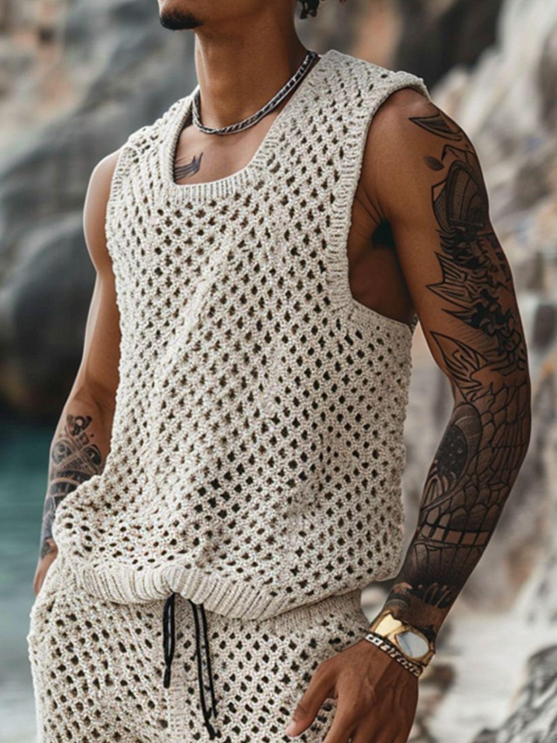 Men's Plus Size Hollow Out Round Neck Tank and Shorts Set - Clothes For Her Online Store