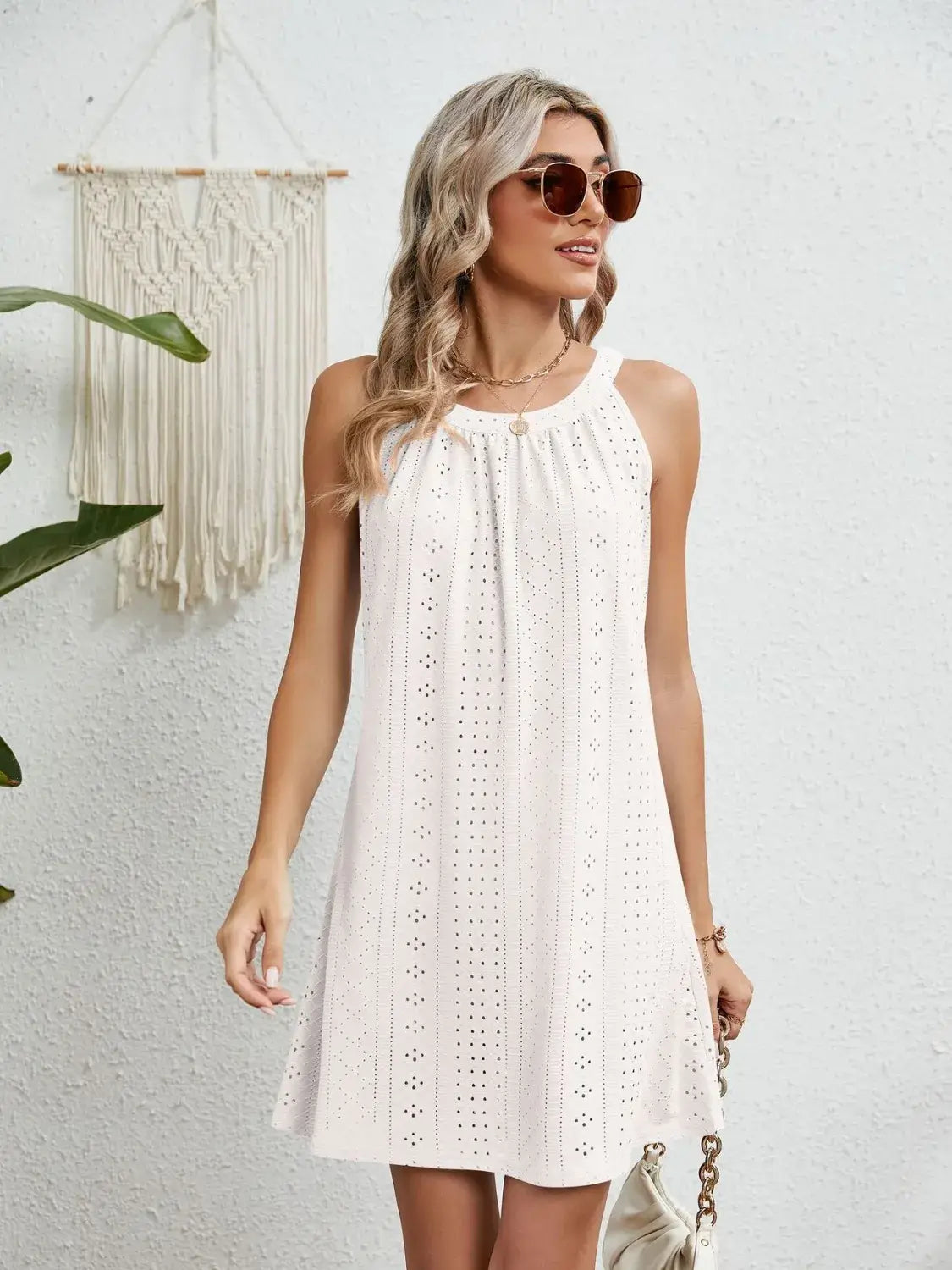 Eyelet Round Neck Sleeveless Dress