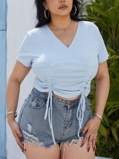 Plus Size Ruched Surplice Short Sleeve Blouse - Clothes For Her Online Store