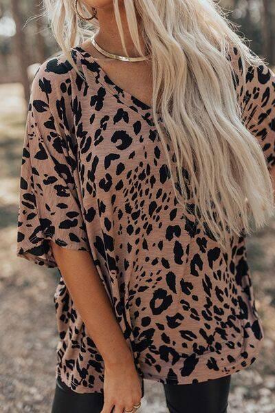 Leopard V-Neck Half Sleeve T-Shirt - Clothes For Her Online Store