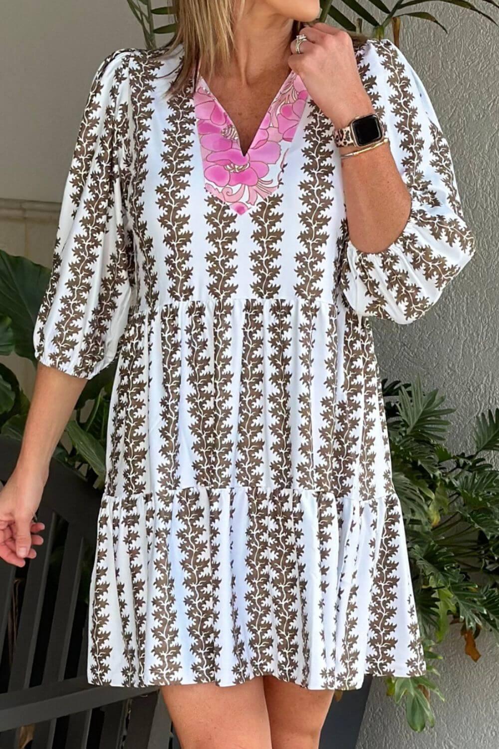 Printed Notched 3/4 Sleeve Mini Dress - Clothes For Her Online Store