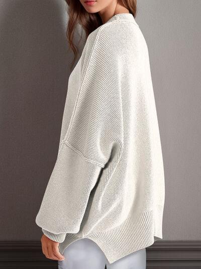 Double Take Side Slit Round Neck Long Sleeve Sweater - Clothes For Her Online Store
