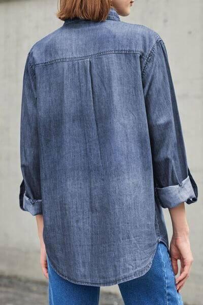Pocketed Collared Neck Long Sleeve Denim Top - Clothes For Her Online Store