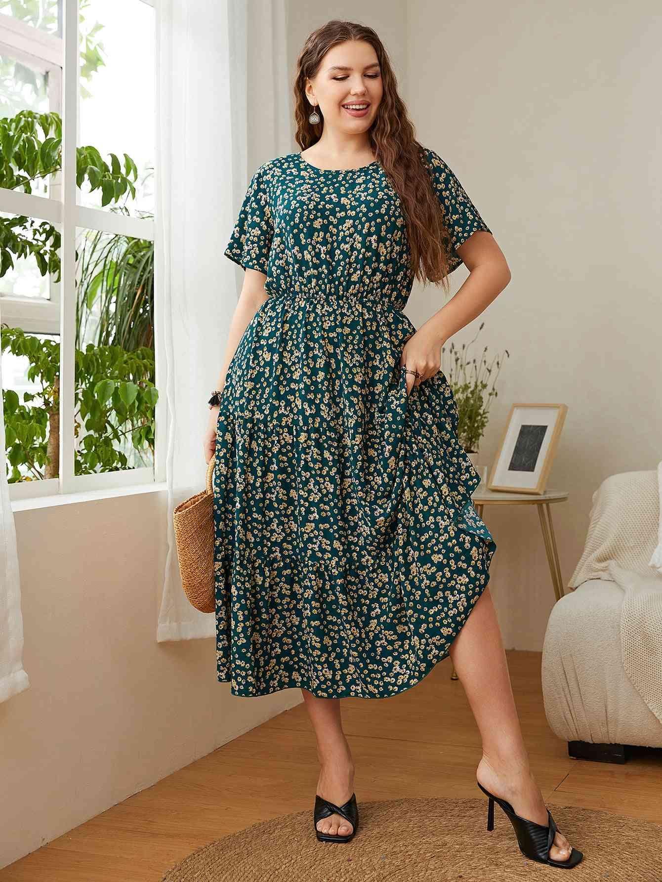 Honey Plus Size Floral Round Neck Short Sleeve Midi Dress - Clothes For Her Online Store