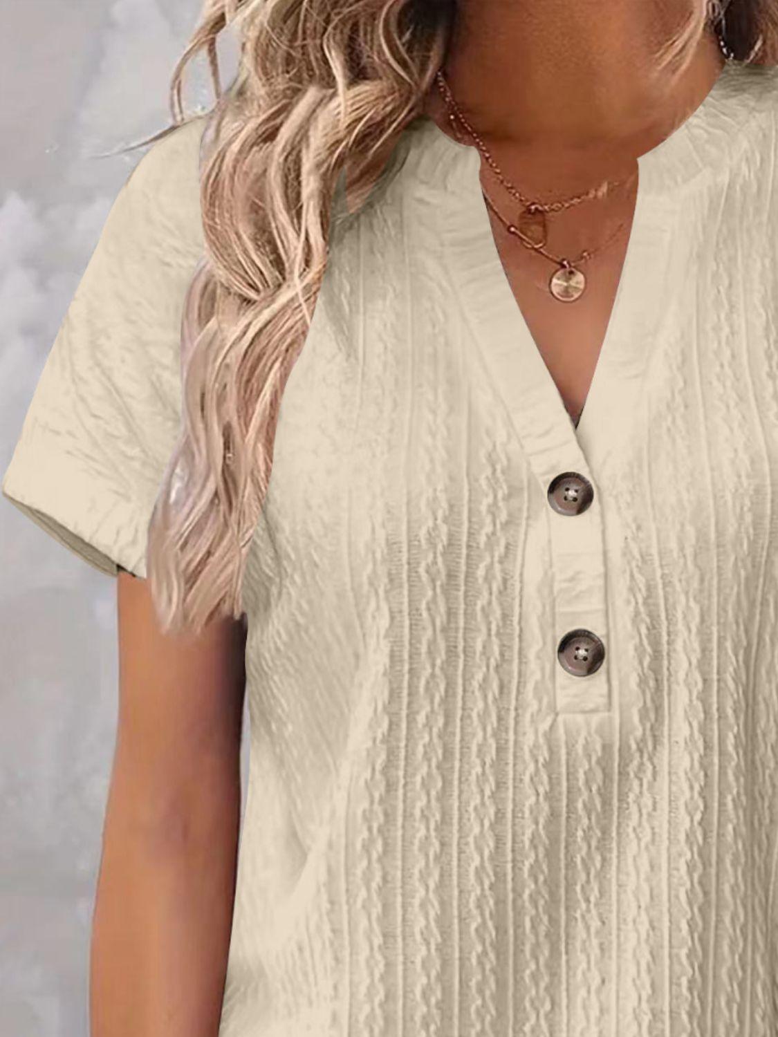 Textured Notched Short Sleeve Top - Clothes For Her Online Store