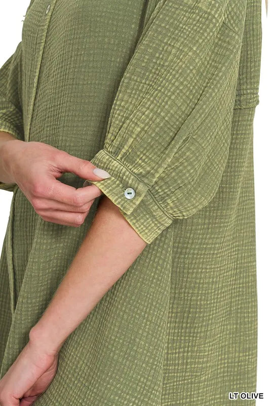 Zenana Washed Double Gauze Button Down Shirt Dress
