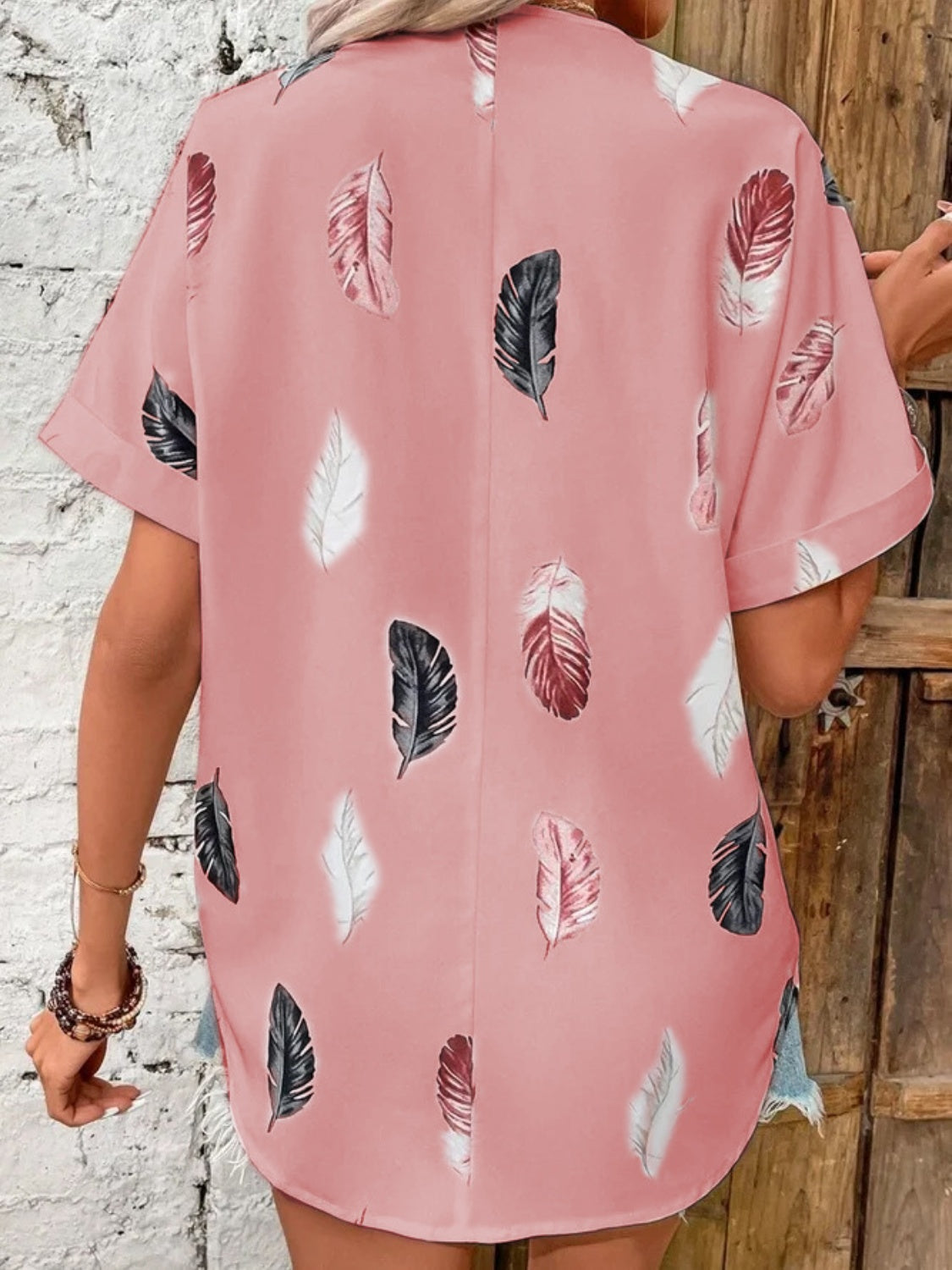 Full Size Printed Collared Neck Short Sleeve Blouse - Clothes For Her Online Store