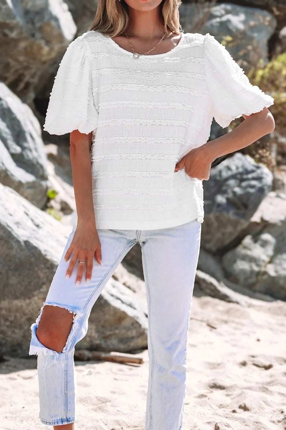 Frilled Lace Trim Bubble Sleeve Blouse