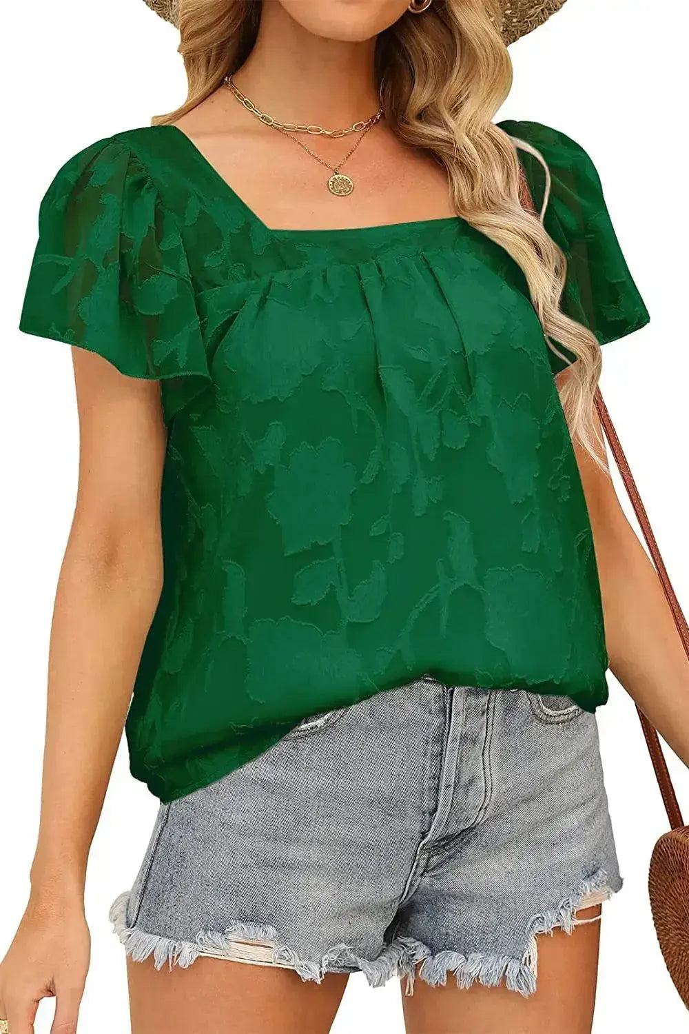 Square Neck Short Sleeve Blouse - Clothes For Her Online Store
