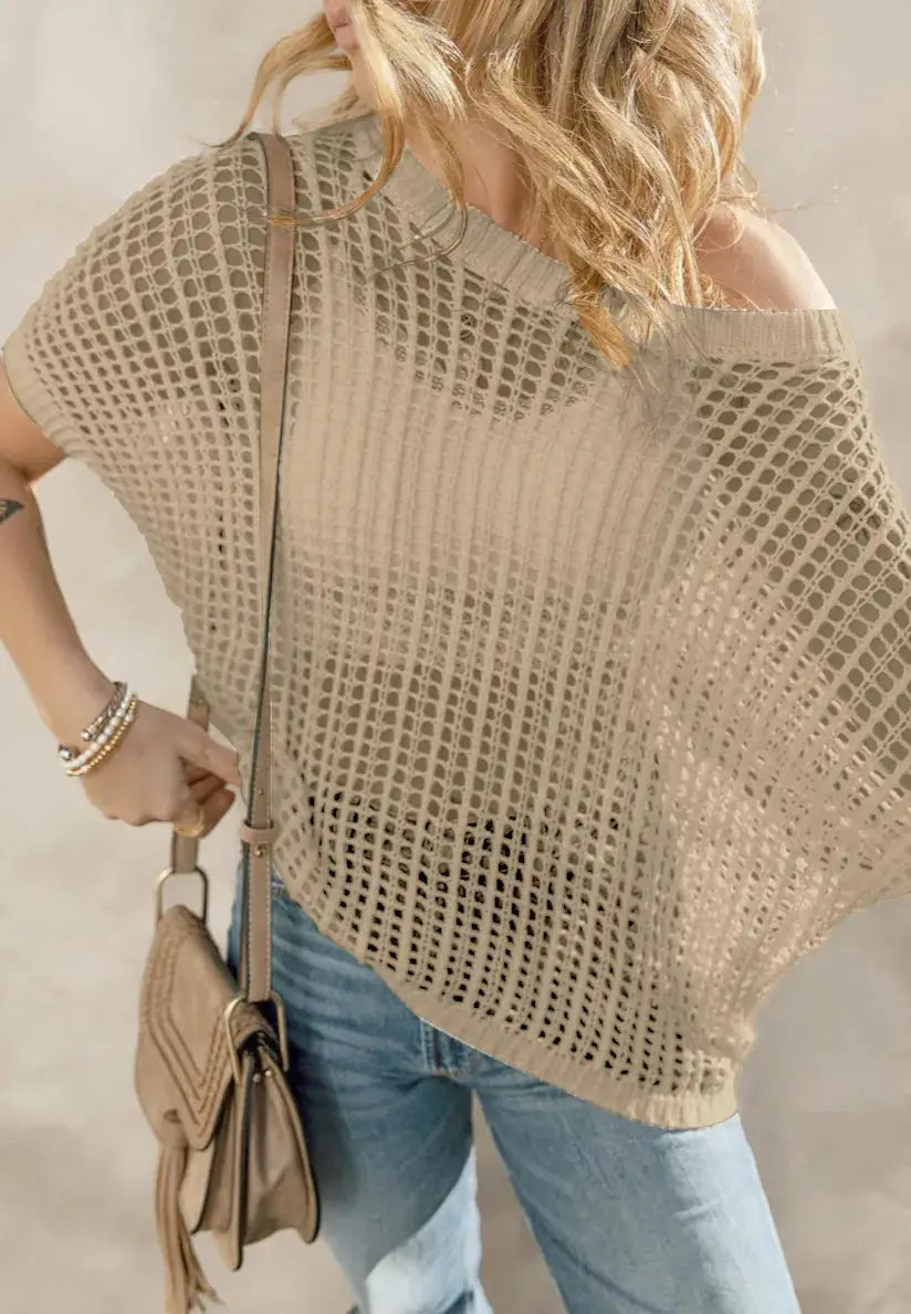 Openwork Round Neck Half Sleeve Knit Cover Up - Clothes For Her Online Store