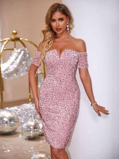 Slit Sequin Off-Shoulder Mini Dress - Clothes For Her Online Store