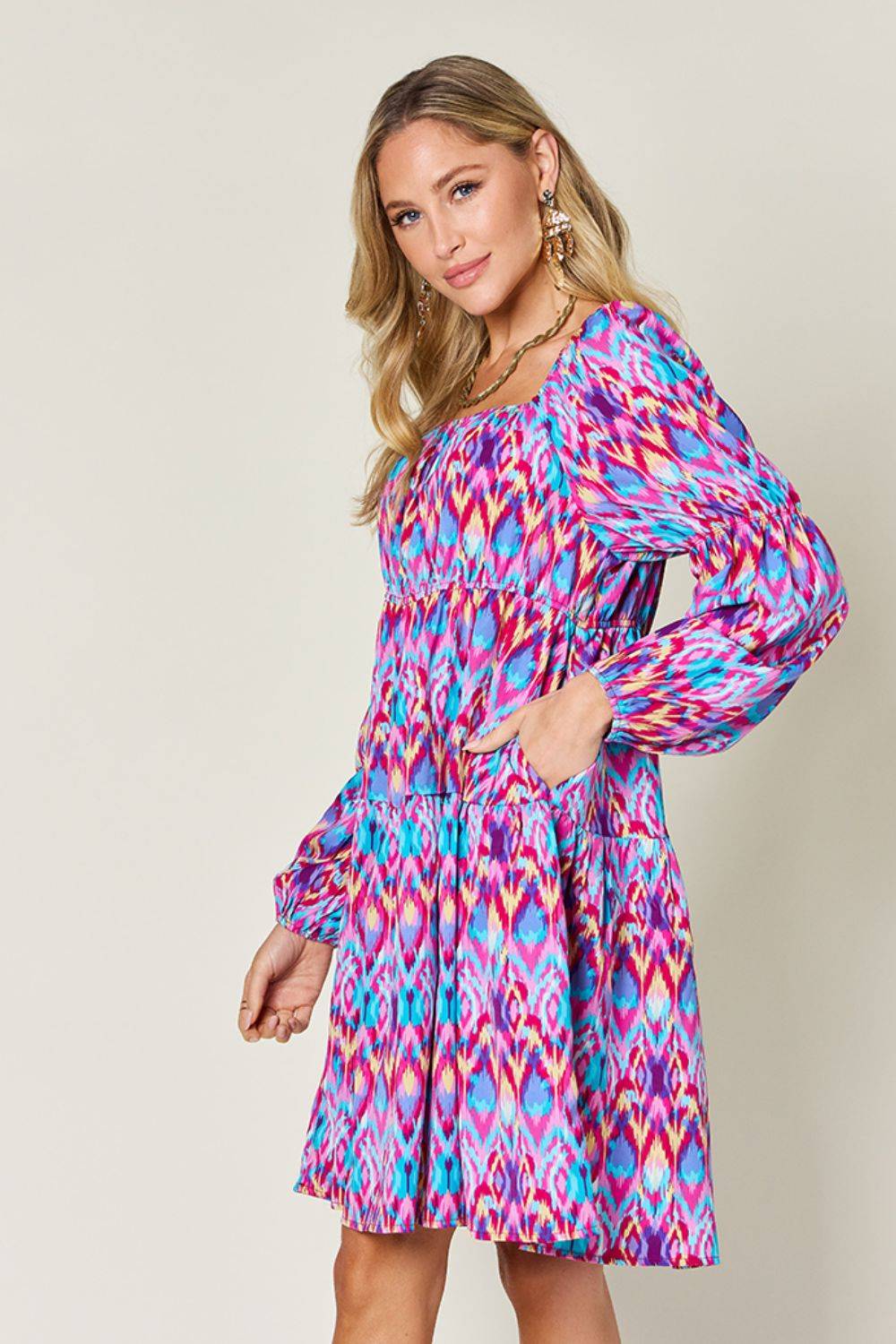 Double Take Full Size Printed Long Sleeve Dress - Clothes For Her Online Store