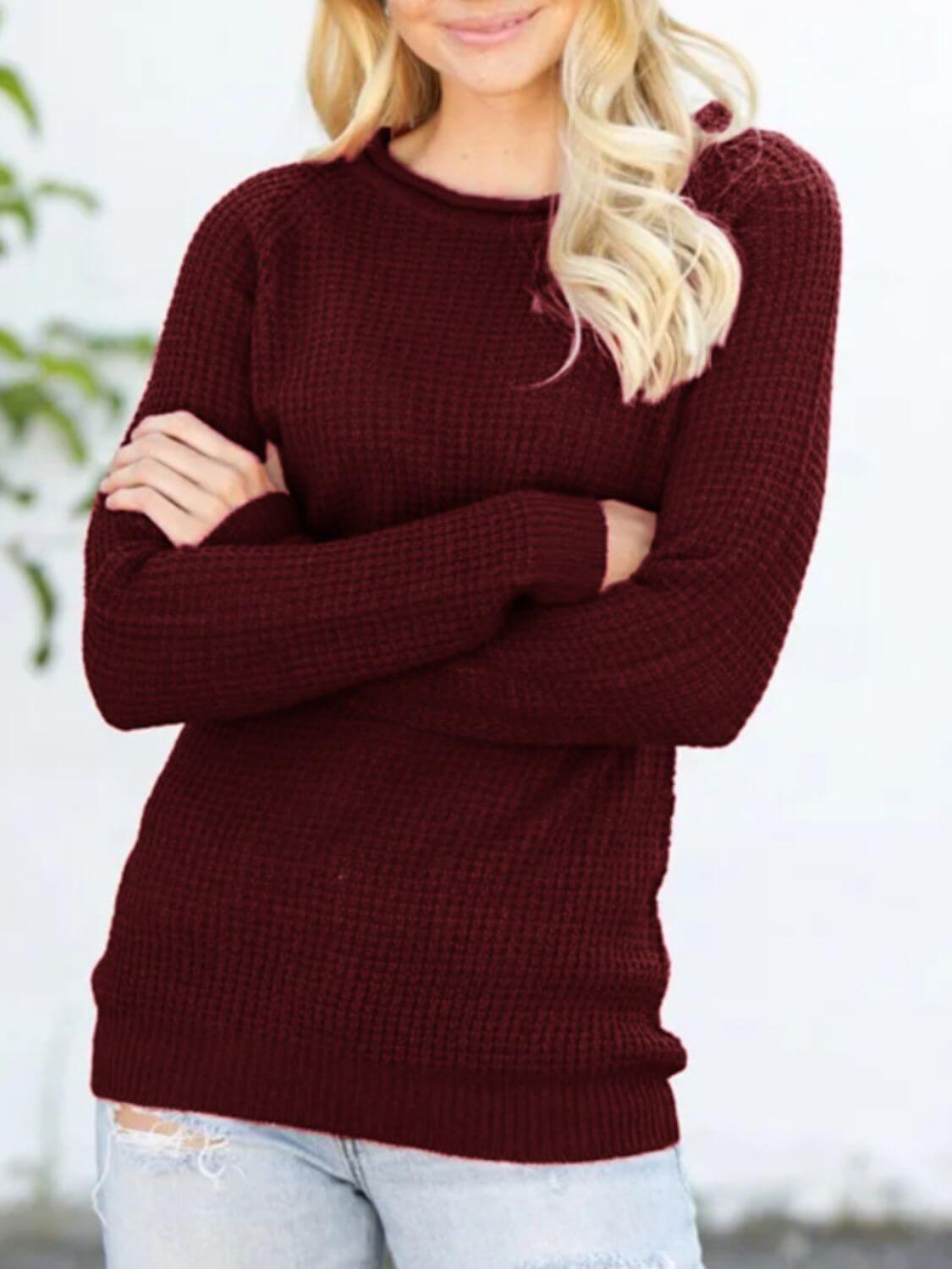 Round Neck Raglan Sleeve Sweater - Clothes For Her Online Store