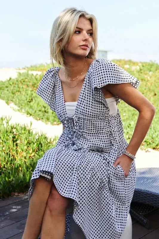 Davi & Dani Jacquard V-Neck Flutter Cap Sleeve Tiered Dress - Clothes For Her Online Store