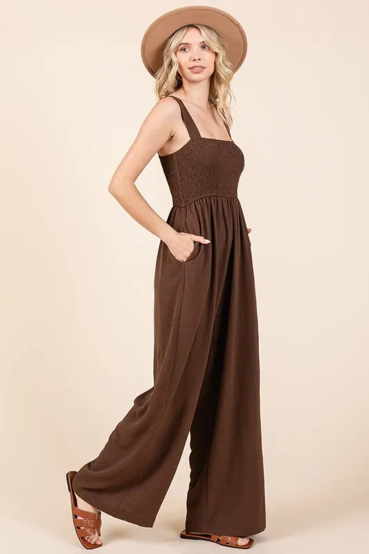 Mittoshop Smocked Wide Strap Wide Leg Overalls - Clothes For Her Online Store