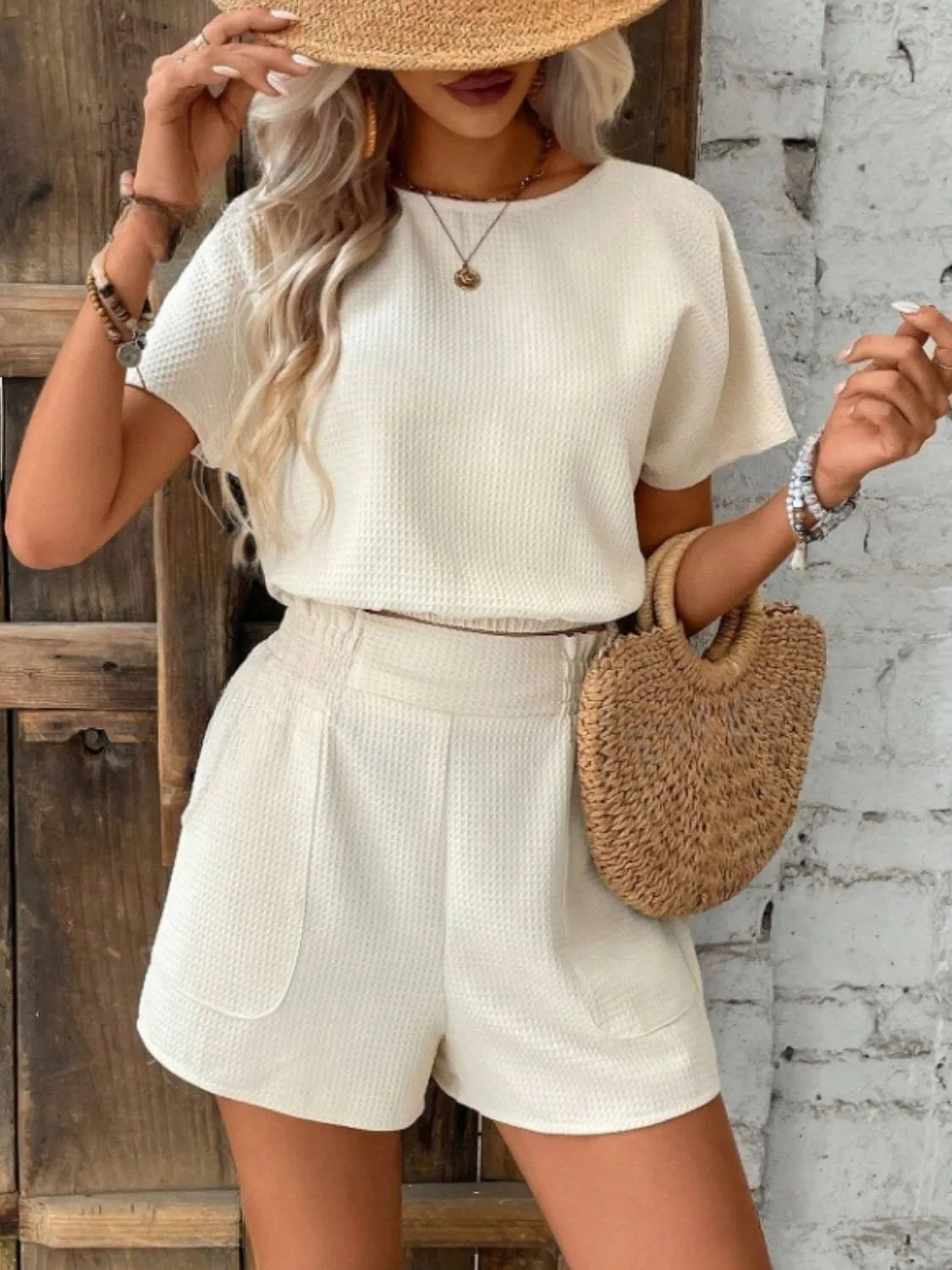 Round Neck Short Sleeve Top and Shorts Set - Clothes For Her Online Store