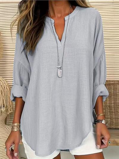 Solid Color Notched Long Sleeve Blouse - Clothes For Her Online Store