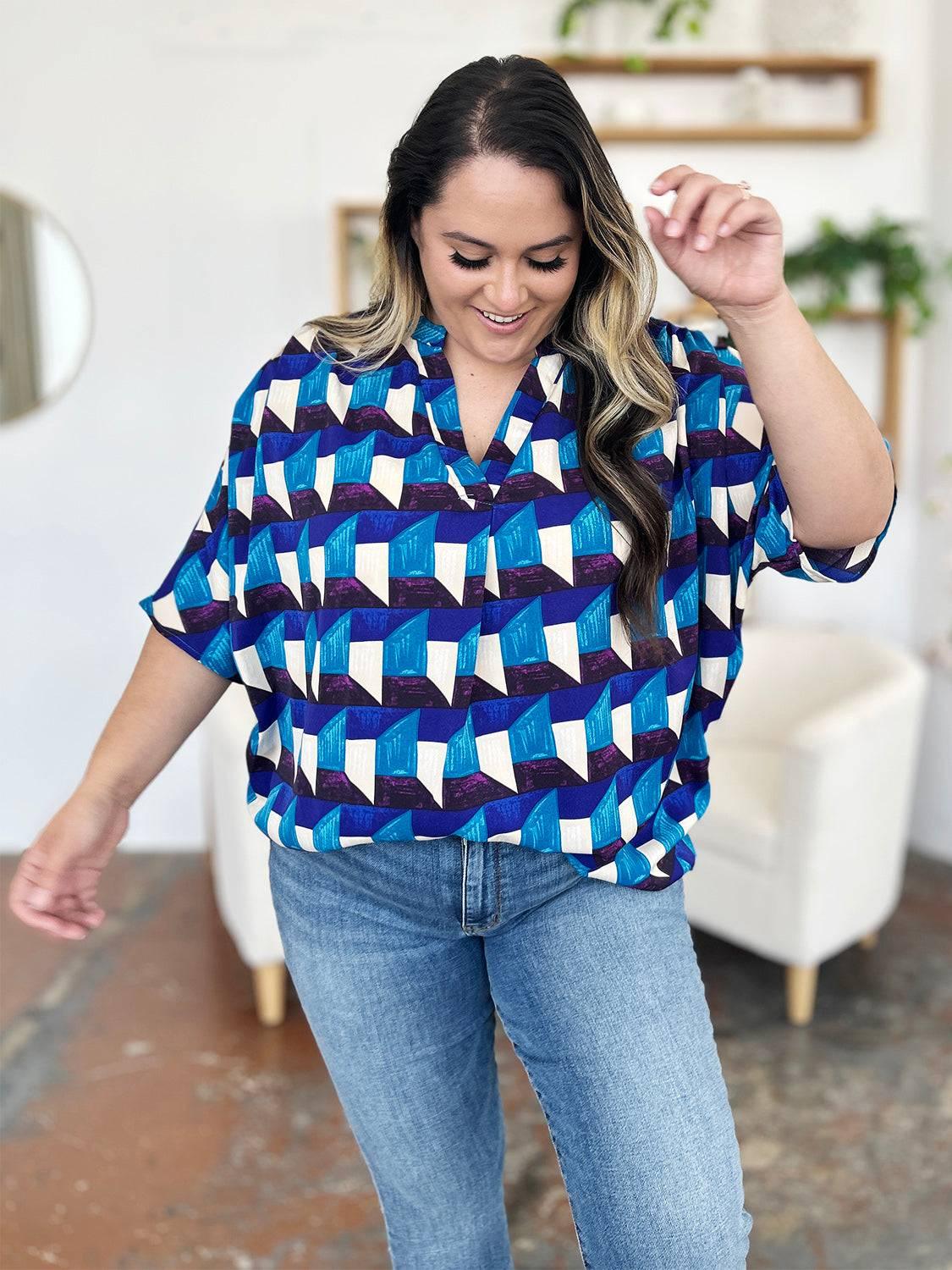 Double Take Full Size Geometric Notched Half Sleeve Blouse - Clothes For Her Online Store