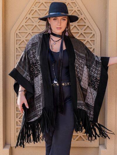 Plus Size Printed Fringe Open Front Outerwear - Clothes For Her Online Store