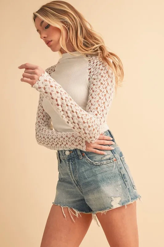 Aemi + Co Mock Neck Lace Long Sleeve Knit Top