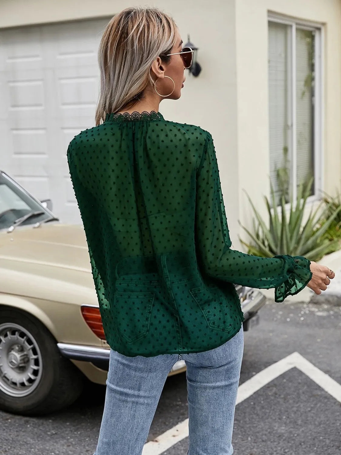 Lace Detail V-Neck Swiss Dot Blouse