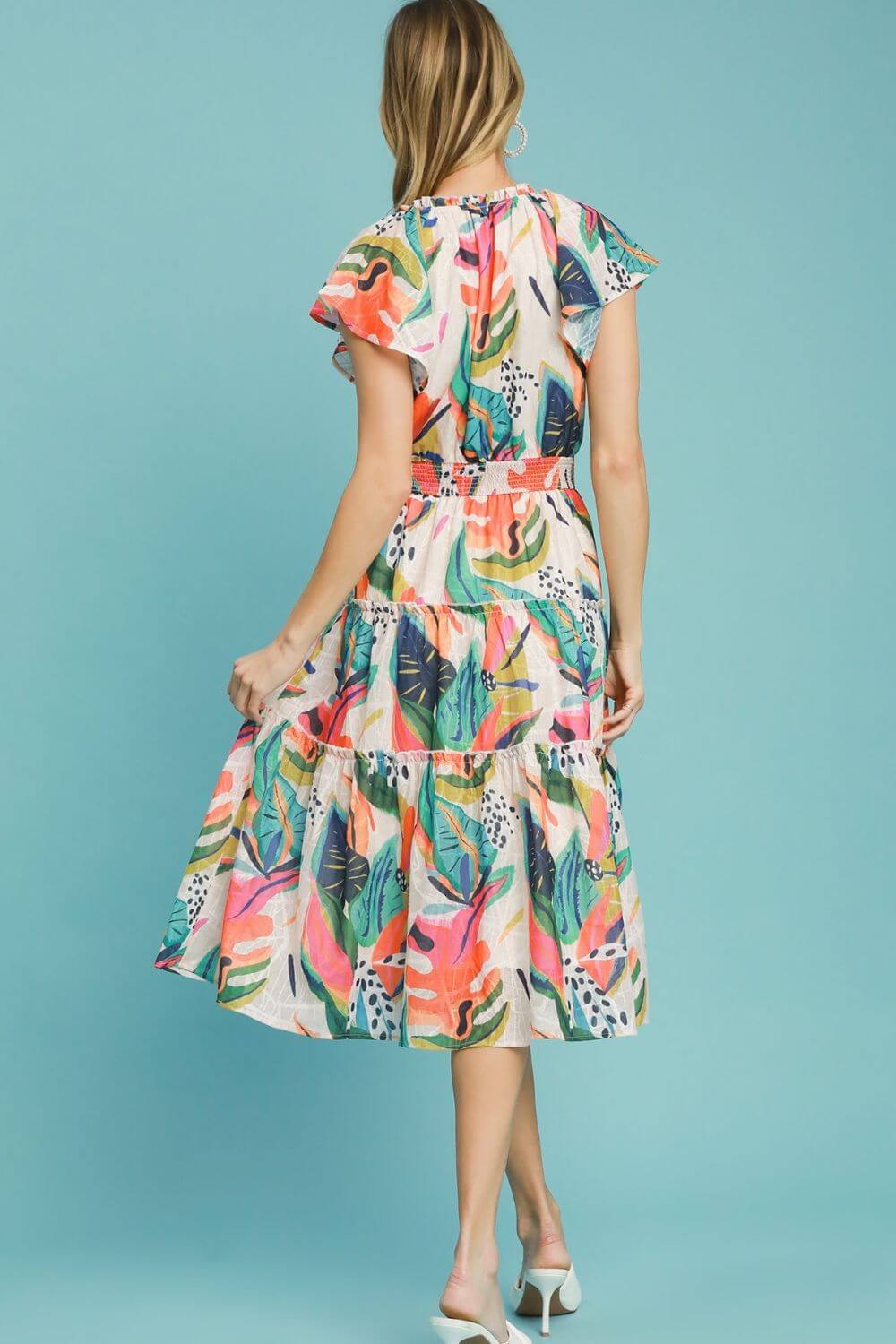 Umgee Full Size Leaf Print Cap Sleeve Tiered Midi Dress Plus Size