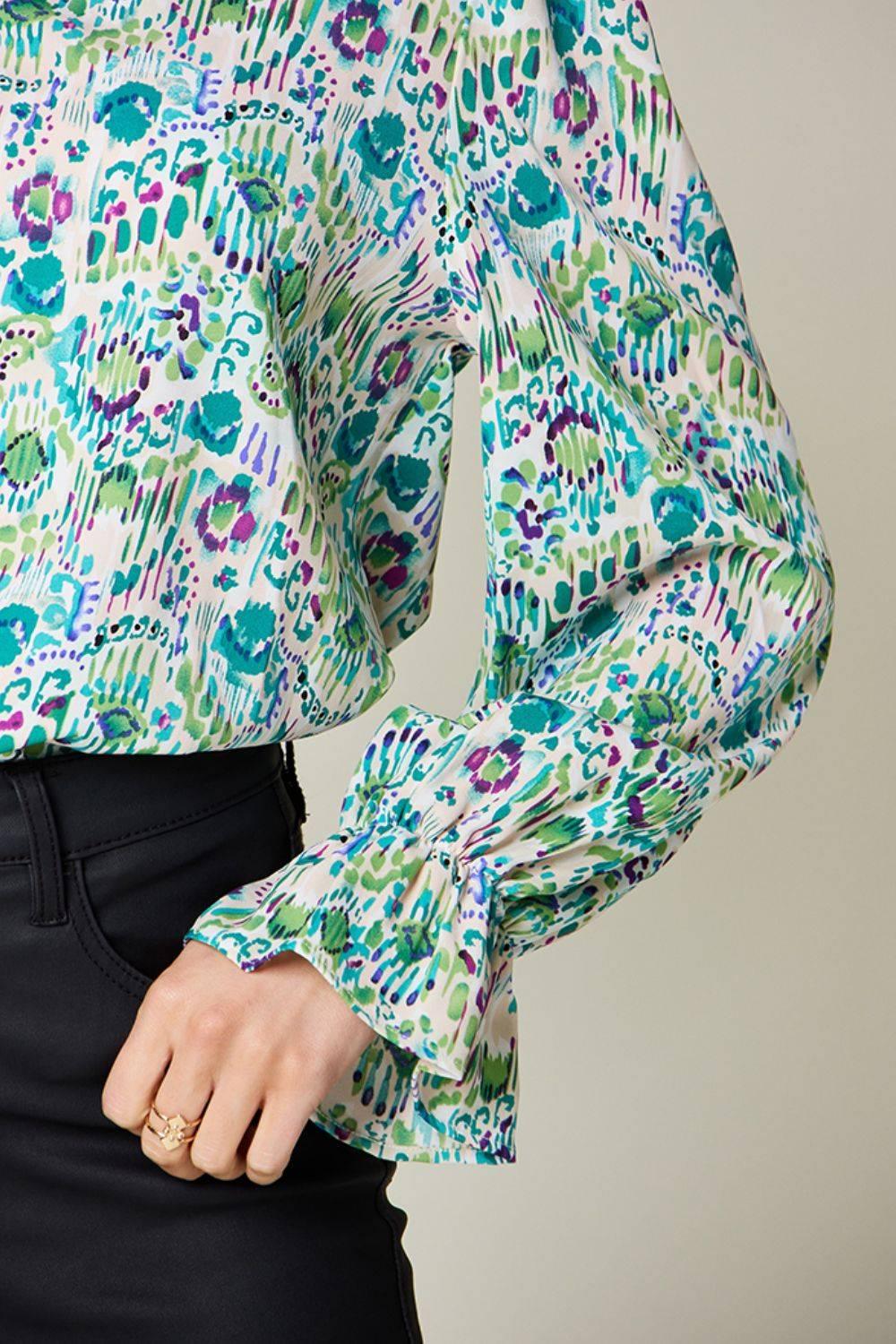 Double Take Full Size Printed Flounce Sleeve Blouse - Clothes For Her Online Store
