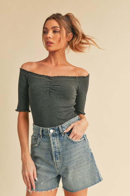 Aemi + Co Ruched Frill Off-Shoulder Half Sleeve Knit Top - Clothes For Her Online Store