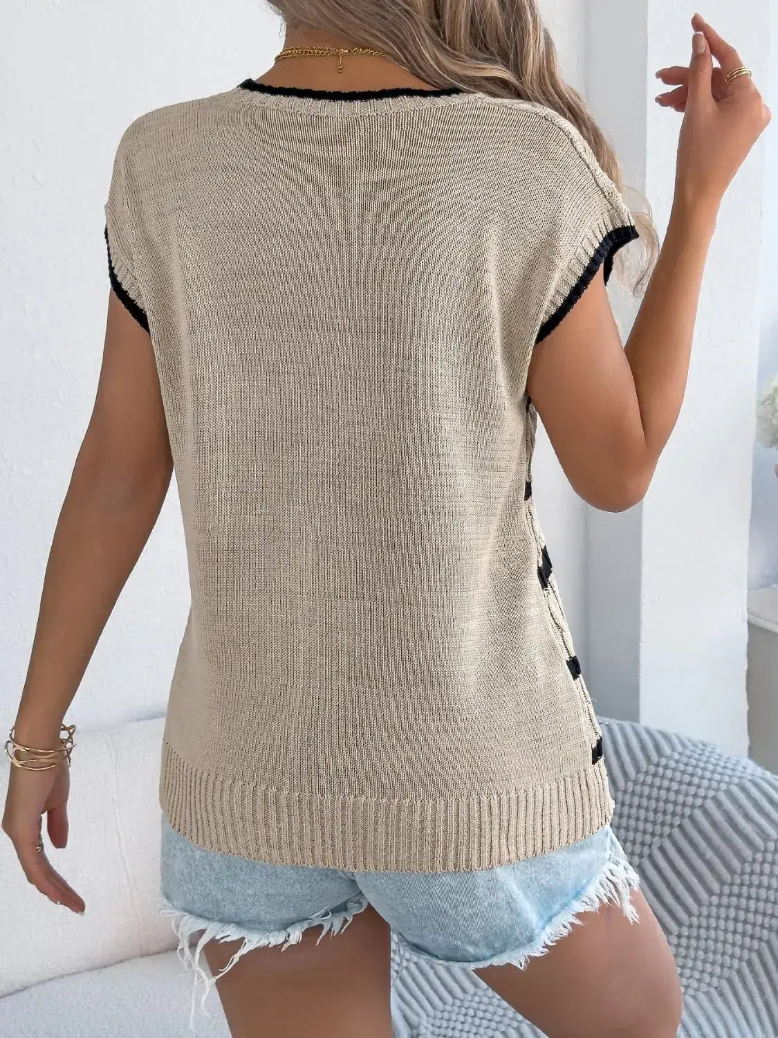 Cable-Knit Striped Round Neck Knit Top - Clothes For Her Online Store
