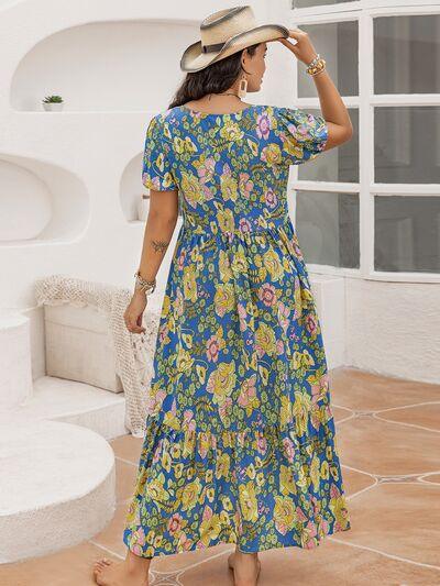 Plus Size Printed V-Neck Short Sleeve Maxi Dress - Clothes For Her Online Store