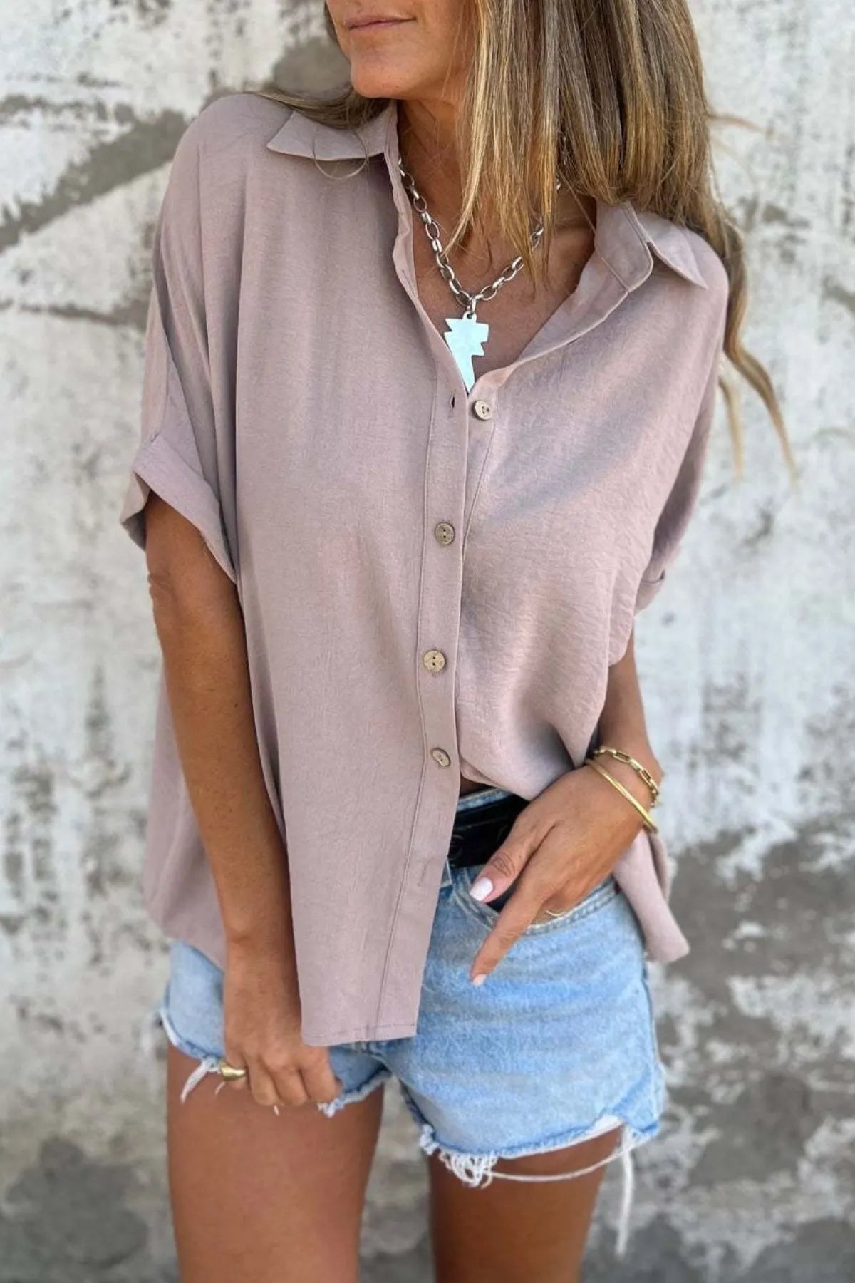 Full Size Casual Button Down Short Sleeve Loose Shirt Plus Size
