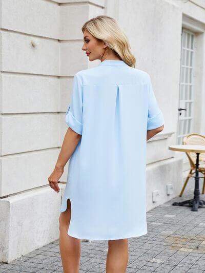 Notched Long Sleeve Mini Shirt Dress - Clothes For Her Online Store