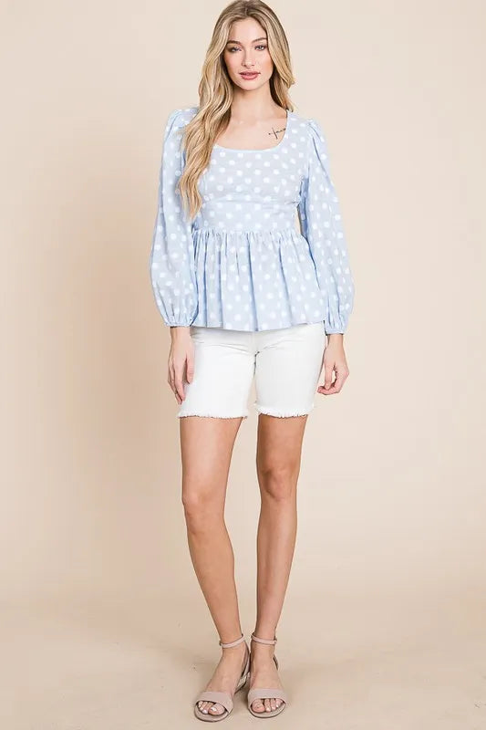 Lime 'N' Chili Polka Dot Print Balloon Sleeve Babydoll Peplum Top