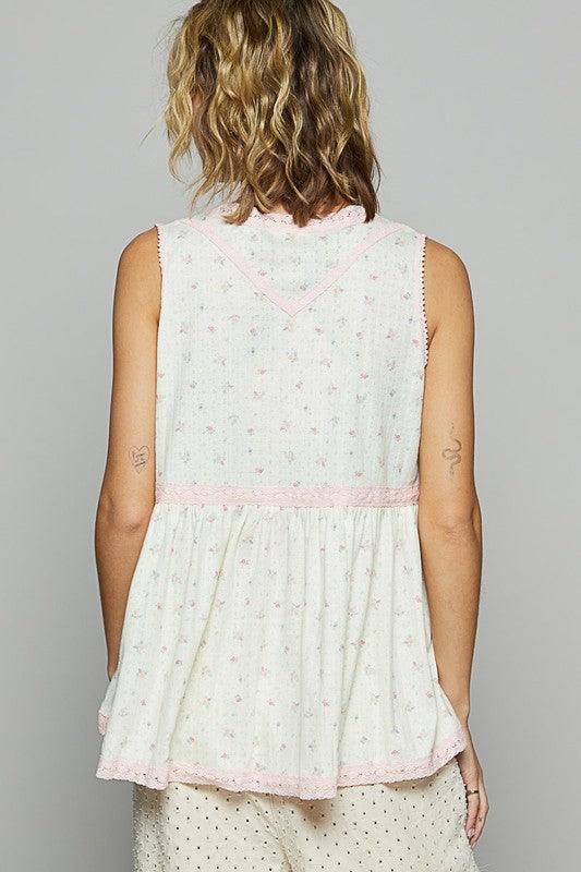 POL Lace Detail Floral V-Neck Sleeveless Top - Clothes For Her Online Store