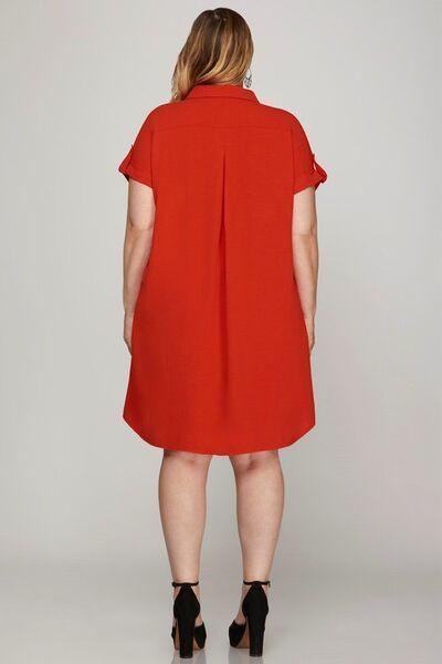 She + Sky Full Size Button Down Short Sleeve Woven Shirt Dress Plus Size - Clothes For Her Online Store
