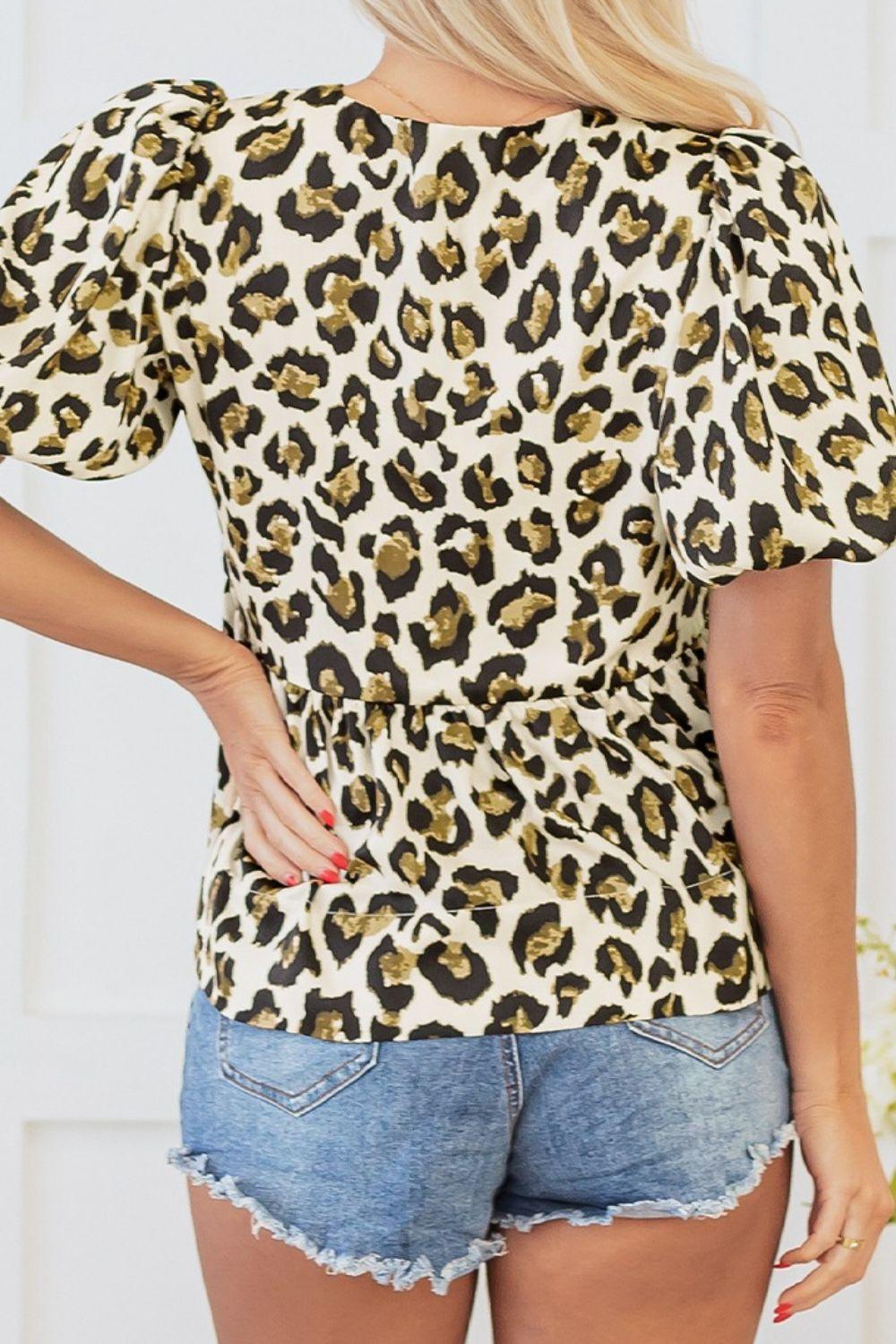 Leopard Bow Tie Front Puff Sleeve Peplum Blouse - Clothes For Her Online Store