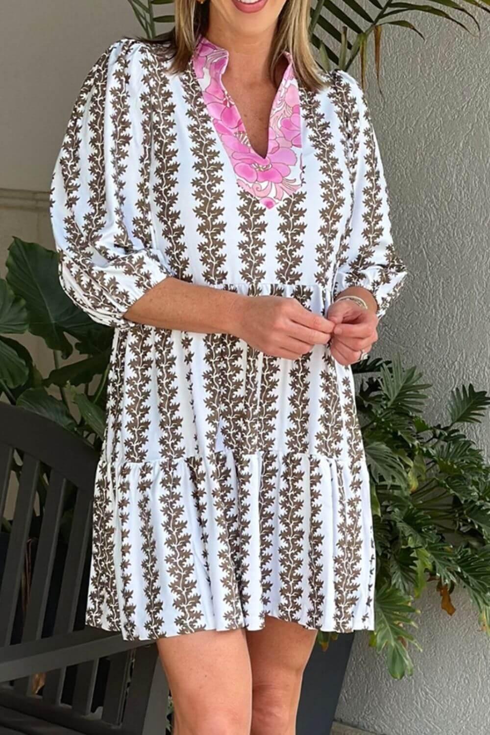 Printed Notched 3/4 Sleeve Mini Dress - Clothes For Her Online Store