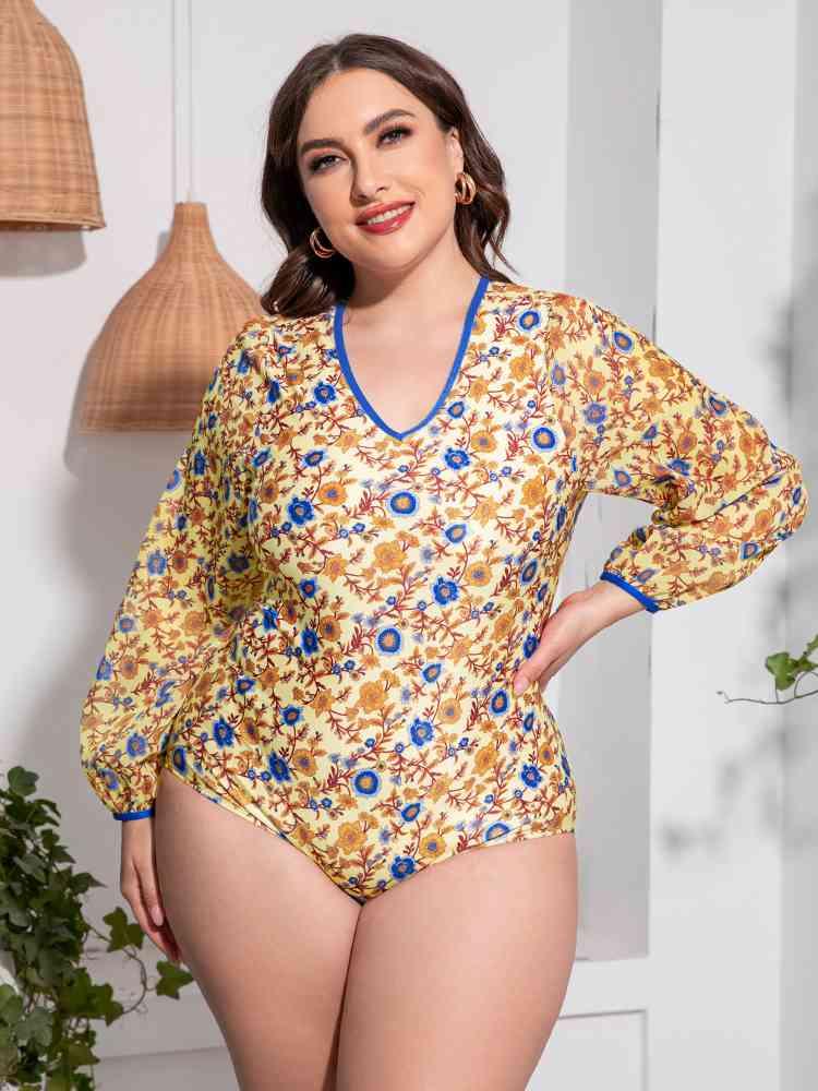 Plus Size Floral Open Back Long Sleeve One-Piece Swimsuit - Clothes For Her Online Store