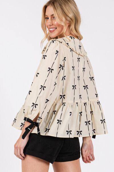 SAGE + FIG Bow Print Tie Front Babydoll Blouse - Clothes For Her Online Store