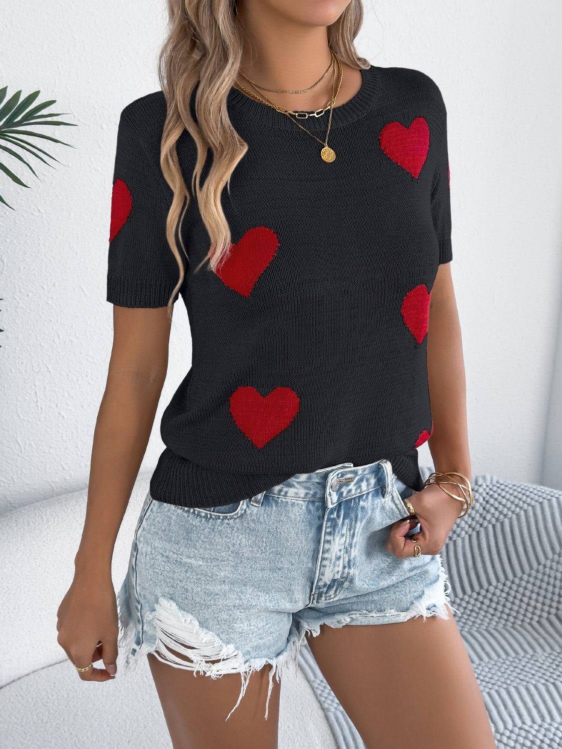 Heart Round Neck Short Sleeve Knit Top - Clothes For Her Online Store