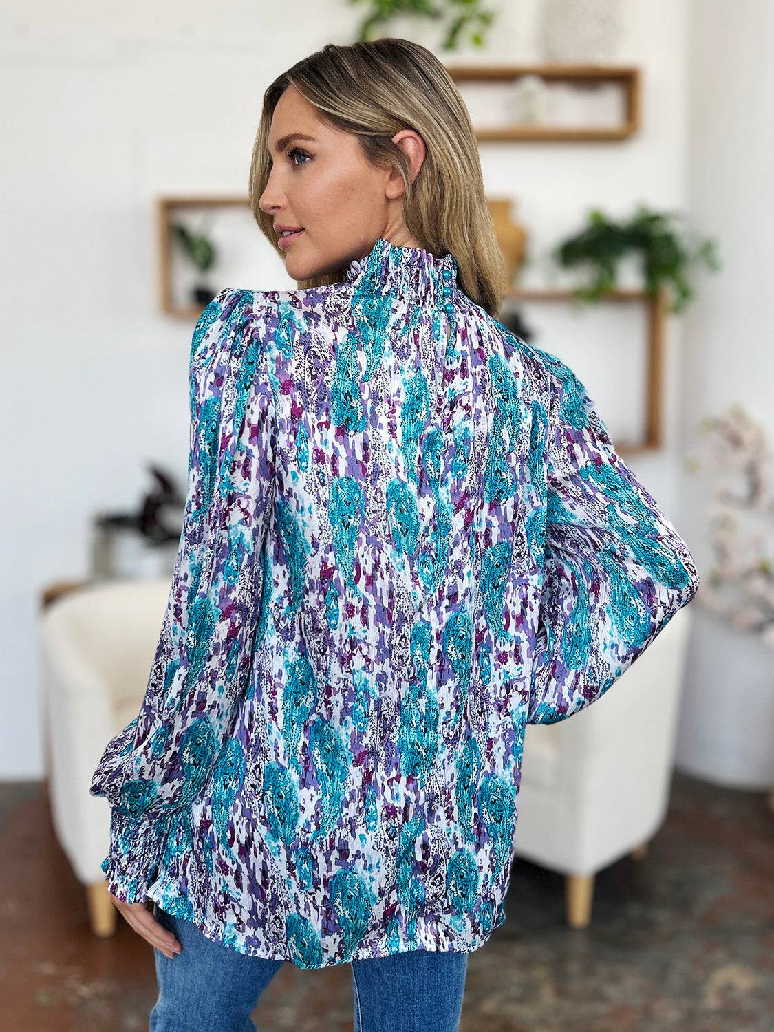 Double Take Full Size Printed Smocked Long Sleeve Blouse - Clothes For Her Online Store