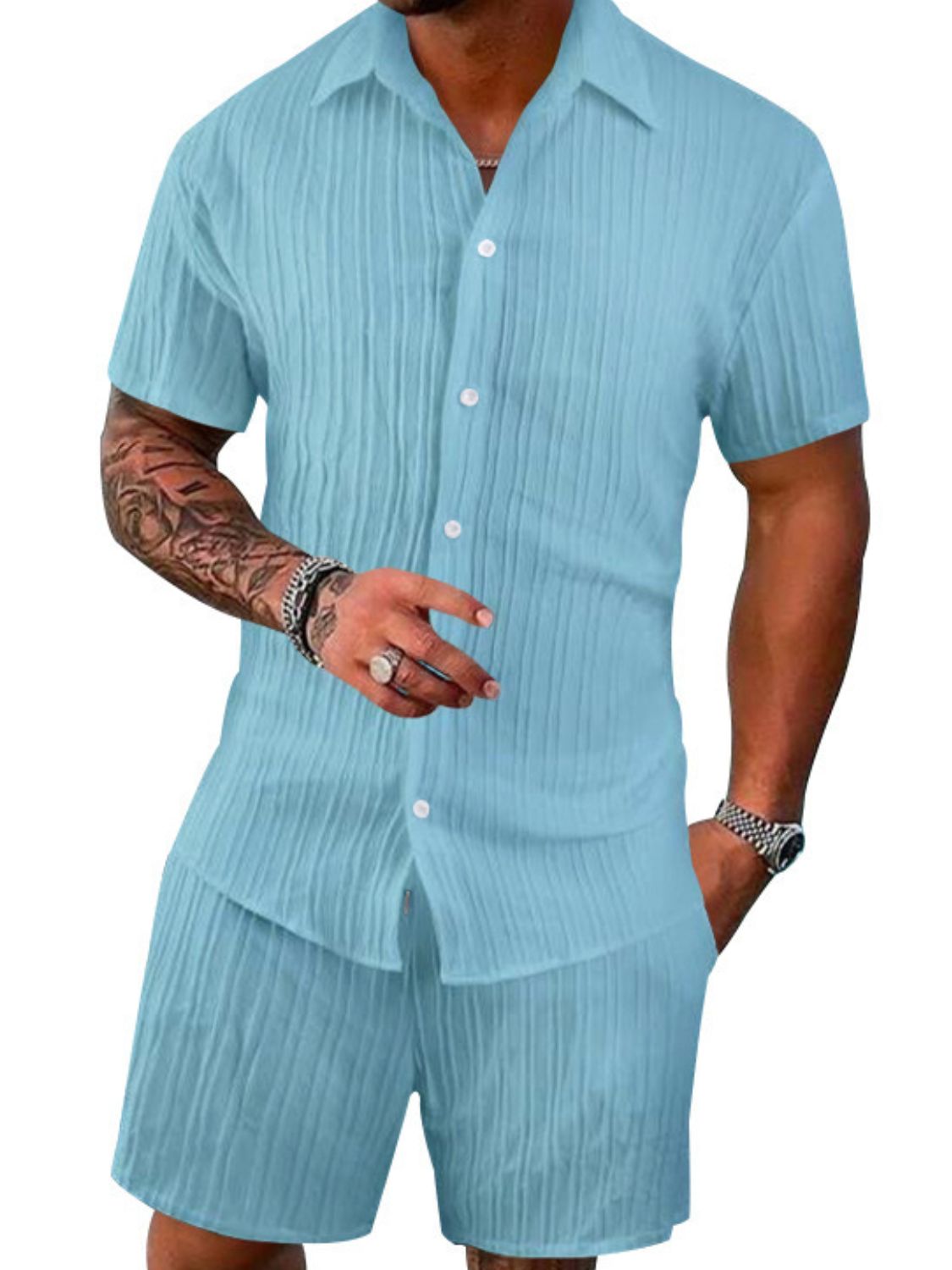 Men's Full Size Button Down Short Sleeve Shirt and Shorts Set Plus Size - Clothes For Her Online Store