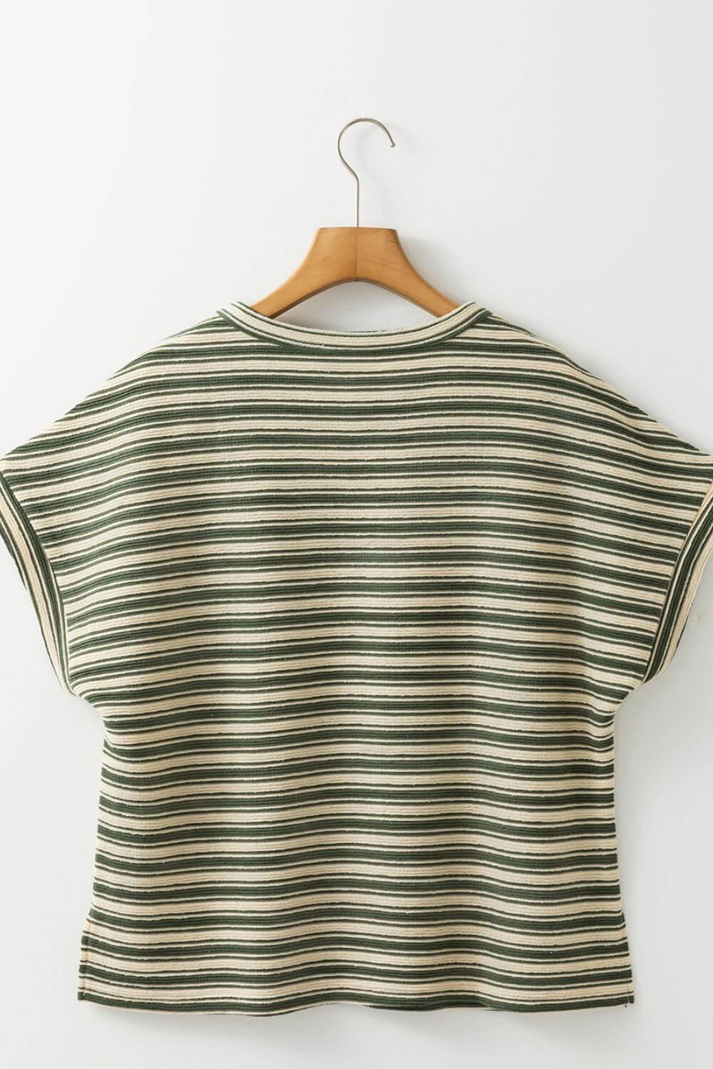 Stripe Textured Side Slit Crew Neck T-Shirt - Clothes For Her Online Store