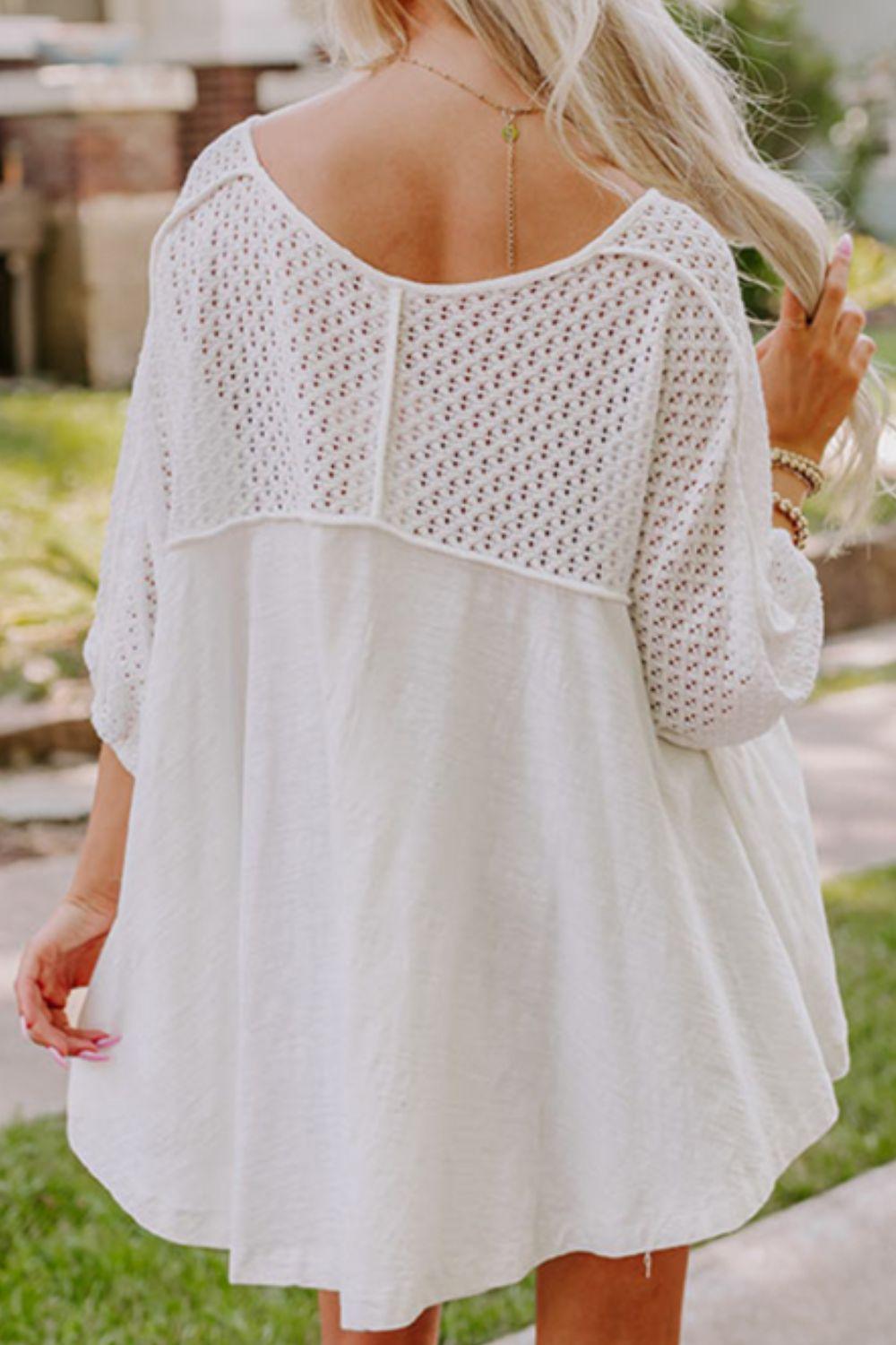 Openwork High Low Hem V Neck Oversized Top - Clothes For Her Online Store